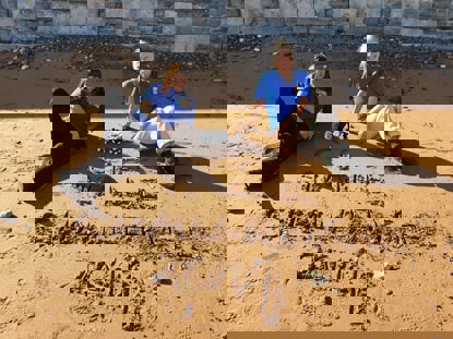 Two women in Cats Protection t-shirts sitting on the beach