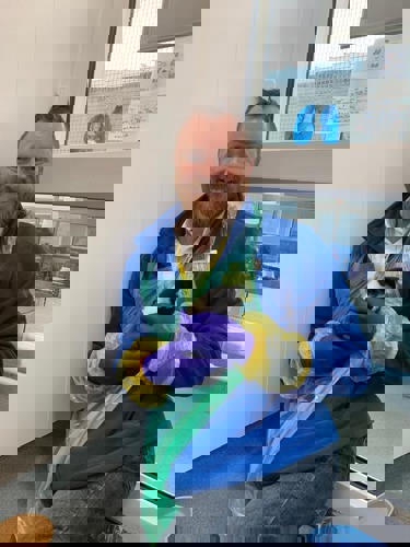 Man with short brown hair and beard wearing Cats Protection blue fleece and personal protective equipment holding black-and-white kitten